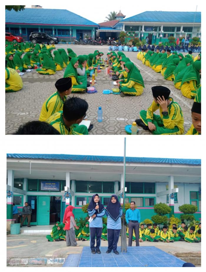 Anggota UKM MTs N 1 Kota Sungai Penuh Lakukan Sosialisasi Tentang Bahaya Rokok Pada Kegiatan Sarapan Bersama