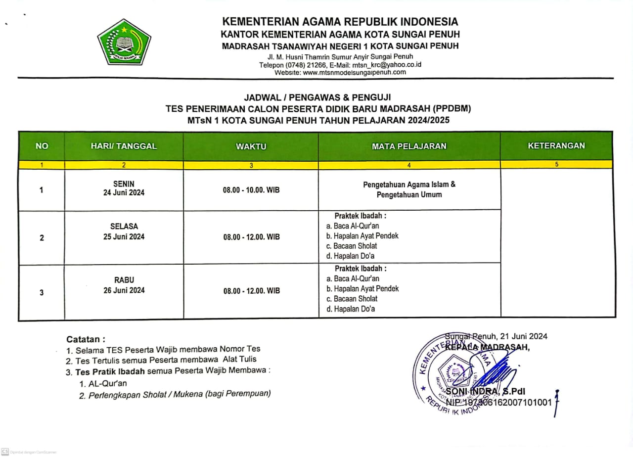 JADWAL TES PENERIMAAN CALON PESERTA DIDIK BARU MTsN 1 KOTA SUNGAI PENUH TAHUN PELAJARAN 2024/2025