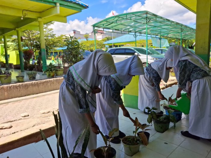 Siswa MTsN 1 Kota Sungai Penuh Rawat Tanaman Setiap Hari, Lingkungan Madrasah Makin Asri.