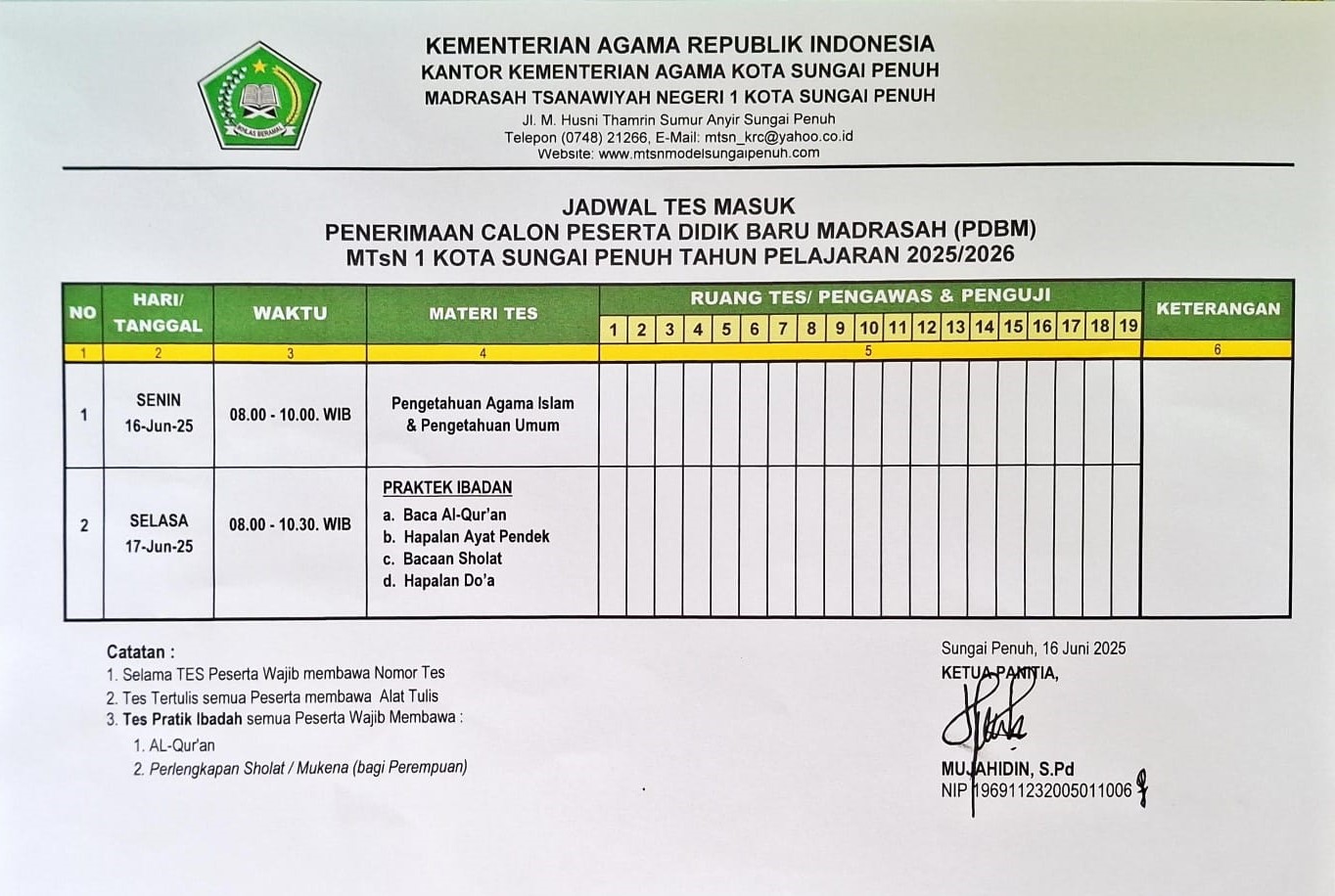 JADWAL TES PENERIMAAN CALON PESERTA DIDIK BARU MTsN 1 KOTA SUNGAI PENUH TAHUN PELAJARAN 2025/2026